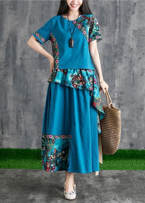 New summer cotton and linen contrast color mosaic blue print small fresh ethnic wind  two-piece - SooLinen