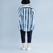 Neues Sommer-Baumwollmisch-T-Shirt in Übergröße, Kurzarm, Sommerstreifen, High-Low-Saum, blaue Oberteile