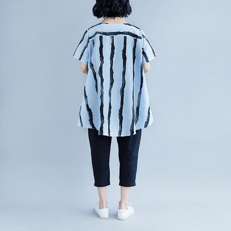 New summer cotton blended t shirt plus size Short Sleeve Summer  Stripe High-low Hem Blue Tops