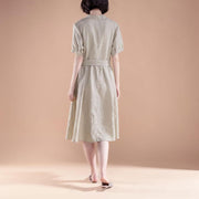 New summer dresses Loose fitting Short Sleeve Pleated Belt Summer Casual Beige Dress