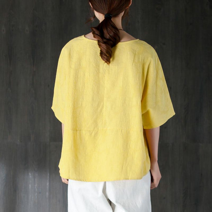 New summer t shirt plus size clothing Loose 12 Sleeve Yellow Jacquard Cotton Tops