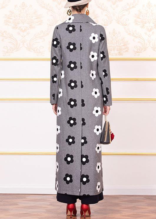 New trendy plus size long coats back open  jacket gray floral double breast Woolen Coats Women - SooLinen