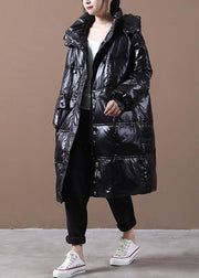New trendy plus size womens parka coats black hooded pockets zippered down coats - SooLinen