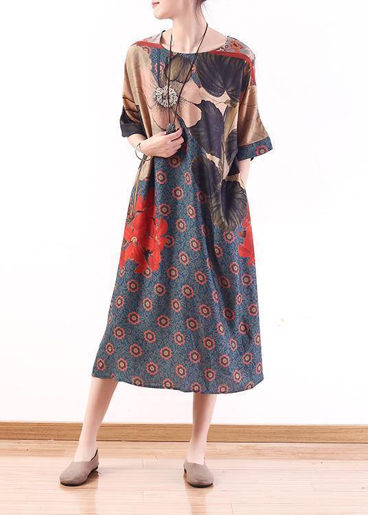 New versatile large size fashion irregular red printed silk loose and thin dress - SooLinen