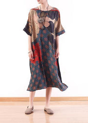 New versatile large size fashion irregular red printed silk loose and thin dress - SooLinen