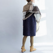 New warm thick dark blue cotton woolen knitted dresses loose high neck sweater dress side open