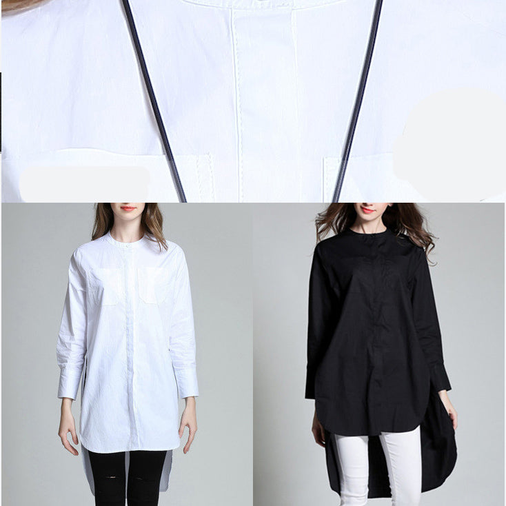 New white Midi-length cotton t shirt plus size clothing cotton maxi t shirts fine stand collar low high design cotton t shirt