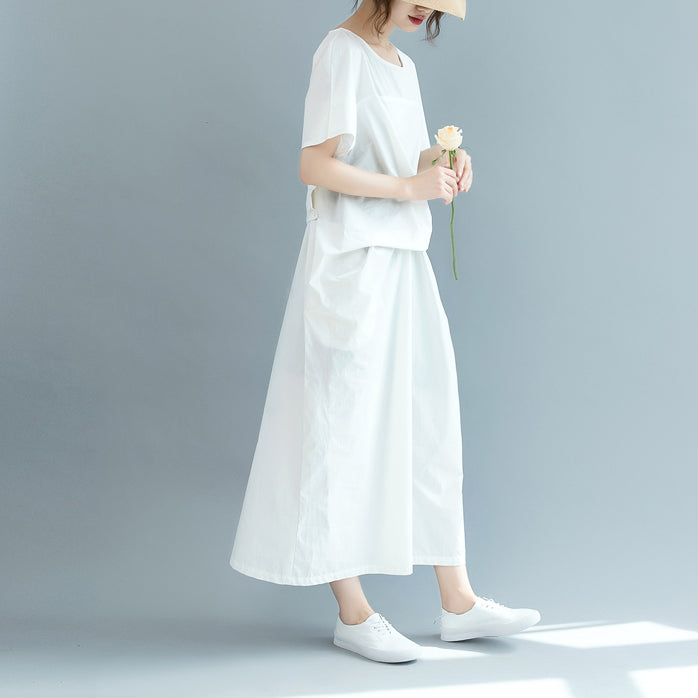 Neues weißes Maxikleid aus Baumwolle Locker sitzender O-Ausschnitt Cinched Reisekleidung 2018 Kurzarm-Baggy-Kleider