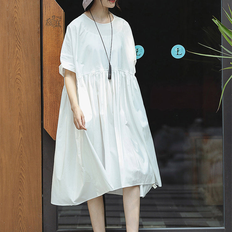 Neues Maxikleid aus weißer Baumwolle, lässige Baggy-Kleider mit O-Ausschnitt, elegante Kurzarmkleider mit großem Saum