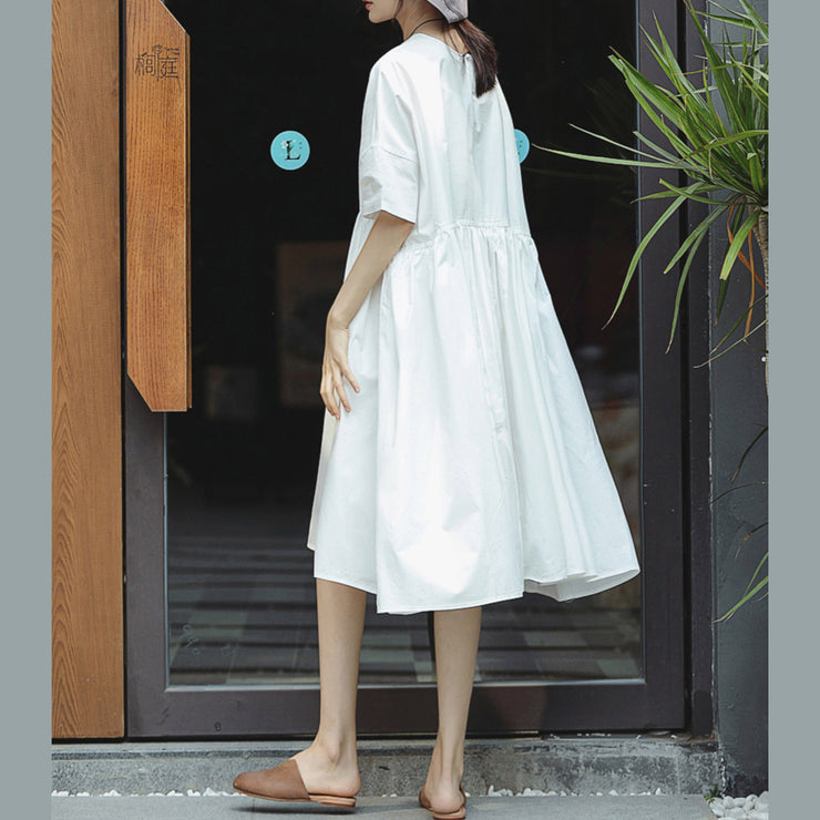 New white cotton maxi dress casual O neck baggy dresses Elegant short sleeve large hem dresses