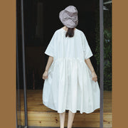 Neues Maxikleid aus weißer Baumwolle, lässige Baggy-Kleider mit O-Ausschnitt, elegante Kurzarmkleider mit großem Saum