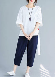 New women's solid color five-point sleeves white shirt casual harem pants two-piece - SooLinen