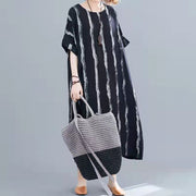 Neues schwarzes Baumwoll-Kniekleid Locker sitzende Freizeitkleidung Frauen Kurzarm Baggy Kleider drucken O-Ausschnitt Baumwollkleider