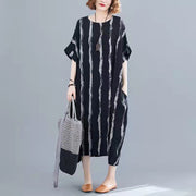 New black cotton knee dress Loose fitting casual dress women short sleeve baggy dresses print o neck cotton dresses