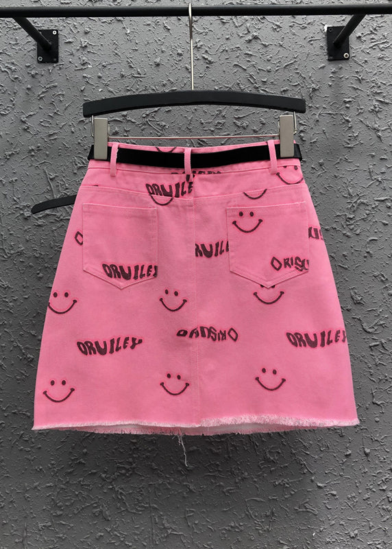 Novel Pink Smiley Face Printed Pocket Denim Skirt Summer