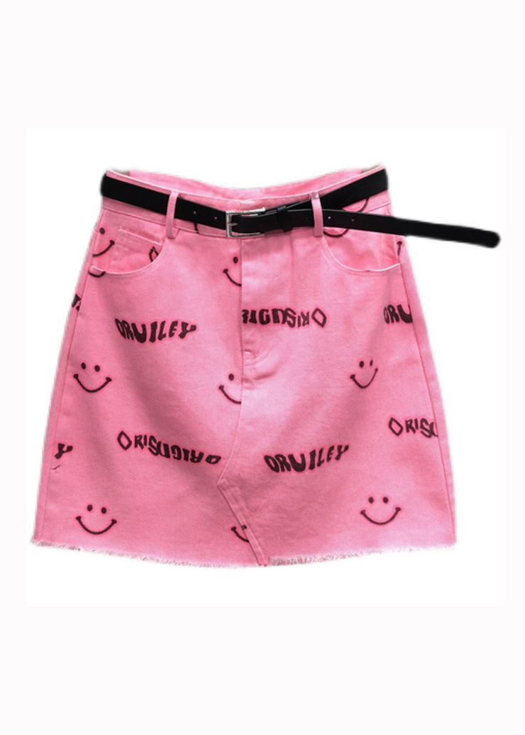 Novel Pink Smiley Face Printed Pocket Denim Skirt Summer