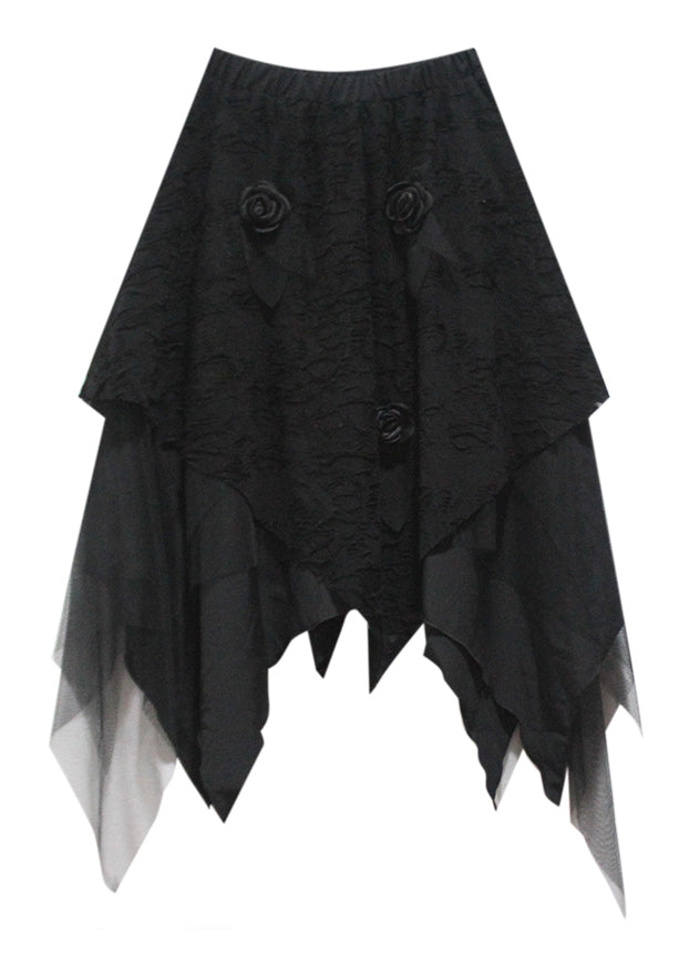 Novelty Black Asymmetrical Floral Hole Tulle A Line Skirt Fall