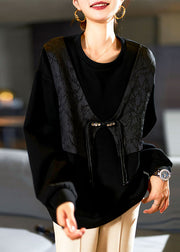 Novelty Black Button Patchwork Fake Two Pieces Sweatshirts Long Sleeve