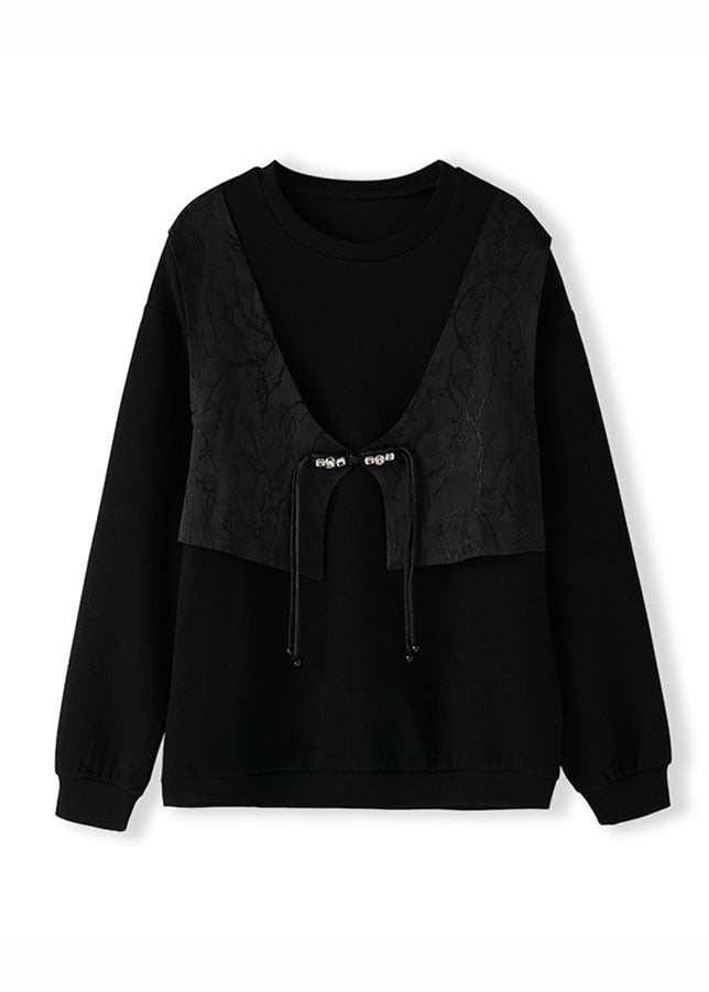 Novelty Black Button Patchwork Fake Two Pieces Sweatshirts Long Sleeve