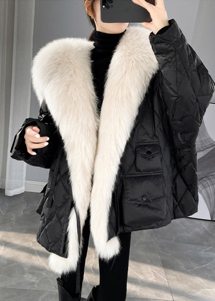 Novelty Black Fox Collar Patchwork Duck Down Puffer Jacket Winter