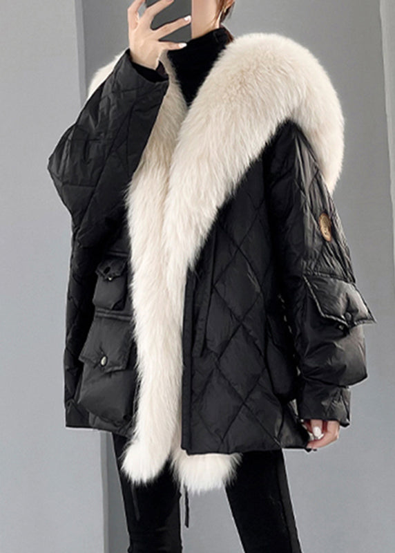 Novelty Black Fox Collar Patchwork Duck Down Puffer Jacket Winter
