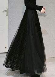 Novelty Black High Waist Lace Patchwork Tulle Maxi Skirt Spring