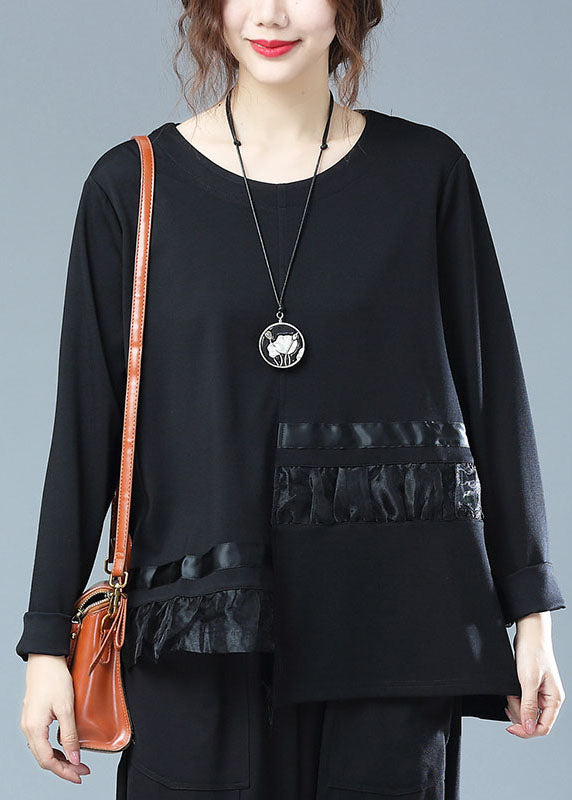 Novelty Black O Neck Asymmetrical Design Patchwork Cotton T Shirt Long Sleeve