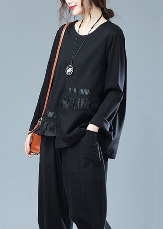 Novelty Black O Neck Asymmetrical Design Patchwork Cotton T Shirt Long Sleeve