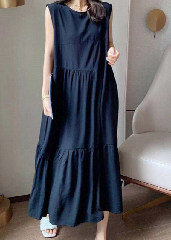 Novelty Black O-Neck Patchwork Wrinkled Cotton Long Dress Summer