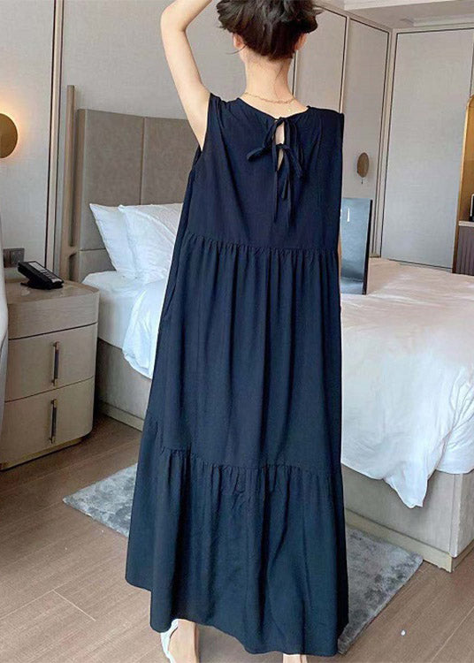 Novelty Black O-Neck Patchwork Wrinkled Cotton Long Dress Summer