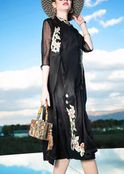 Novelty Black Stand Collar Embroidered Floral Button Silk Maxi Dress Summer