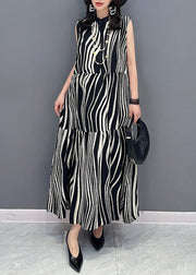 Novelty Black Stand Collar Striped Patchwork Long Dress Summer