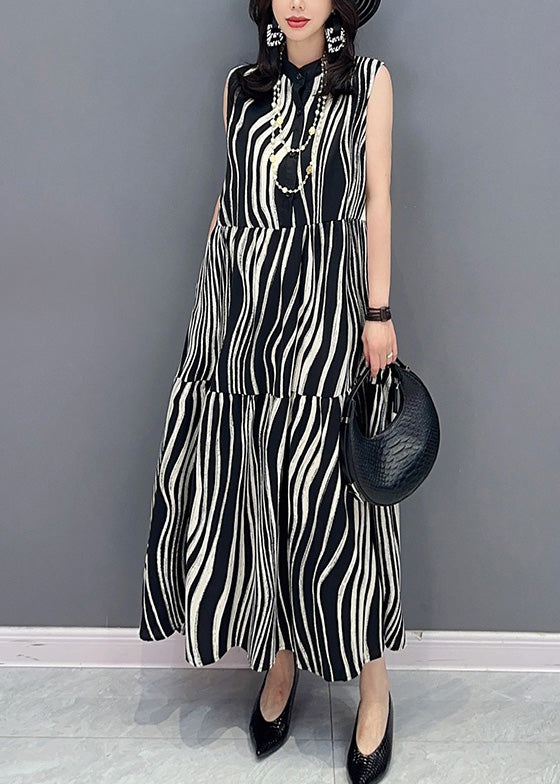 Novelty Black Stand Collar Striped Patchwork Long Dress Summer