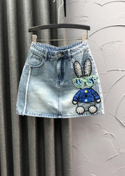 Novelty Blue Embroidered Nail Bead Patchwork Denim Skirt Summer