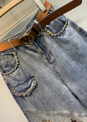 Novelty Blue Pockets Print Elastic Waist Nail Bead Cotton Denim Pants Fall