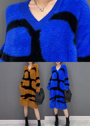 Novelty Blue V Neck Striped Mink Velvet Maxi Dress Fall