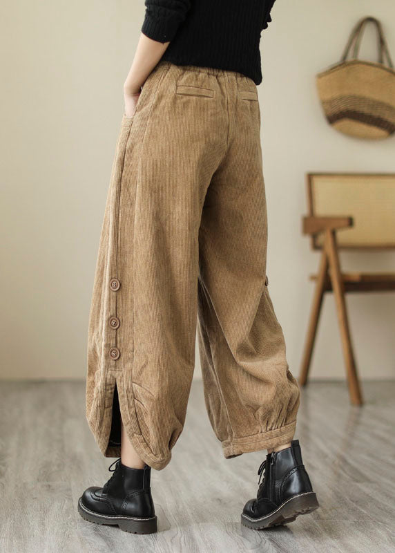 Novelty Coffee Pockets Thick Warm Fleece High Waist Corduroy Crop Pants