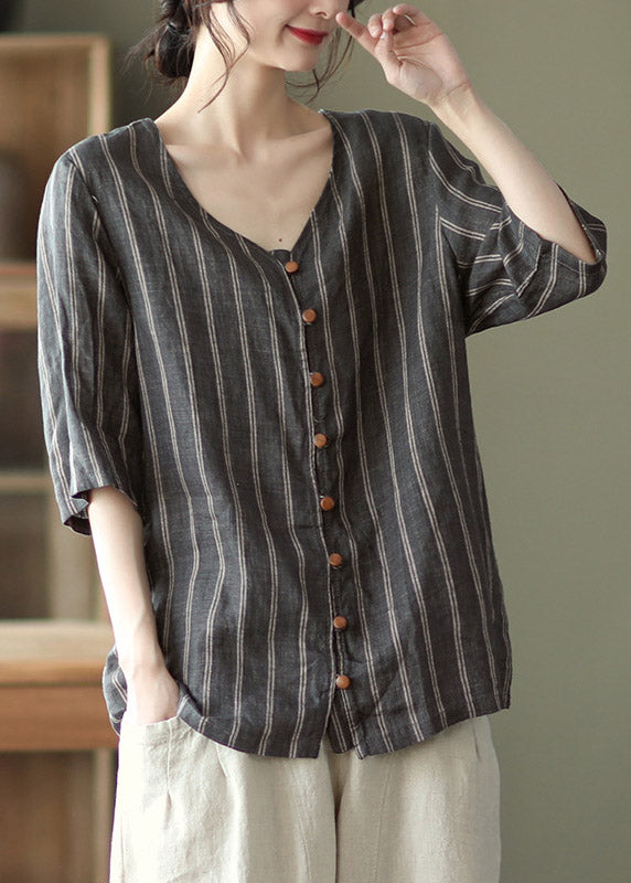Novelty Dark Gray V Neck Striped Linen Shirts Half Sleeve