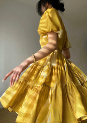 Novelty Gold Yellow U Neck Nail Bead Wrinkled Silk Dress Short Sleeve