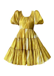 Novelty Gold Yellow U Neck Nail Bead Wrinkled Silk Dress Short Sleeve