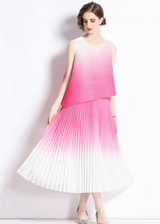 Novelty Gradient Color O Neck Wrinkled Patchwork Chiffon 2 Piece Outfit Summer