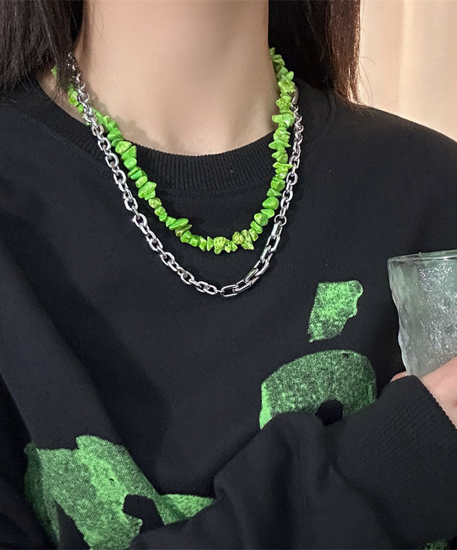 Novelty Green Double Layered Crushed Stone Clavicle Chain Necklace