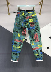 Novelty Green Graphic Pockets Patchwork Denim Pants Fall