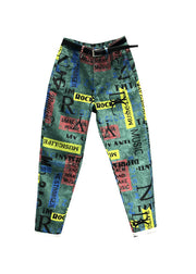 Novelty Green Graphic Pockets Patchwork Denim Pants Fall