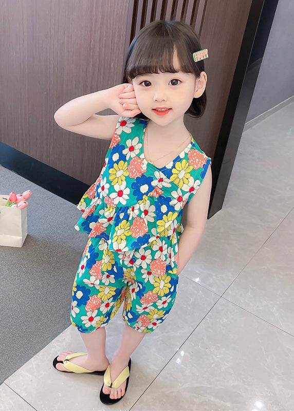 Novelty Green O-Neck Print Cotton Vest And Shorts Kids Two Piece Set Summer