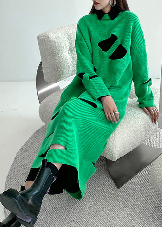 Novelty Green O-Neck cozy Knit Sweater Dress Spring