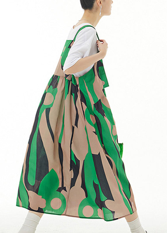 Novelty Green Slash Neck Print Cotton Long Strap Dresses Summer