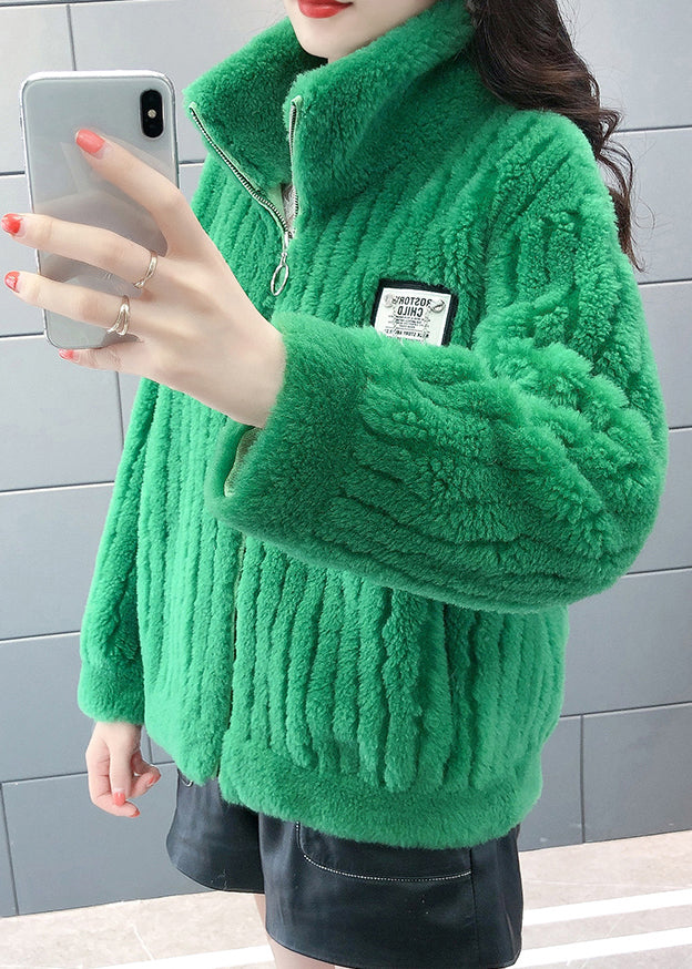 Novelty Green Stand Collar Zippered Faux Fur Coats Winter