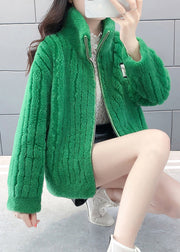 Novelty Green Stand Collar Zippered Faux Fur Coats Winter