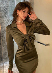 Novelty Green V Neck Lace Up Silk Mid Dress Long Sleeve